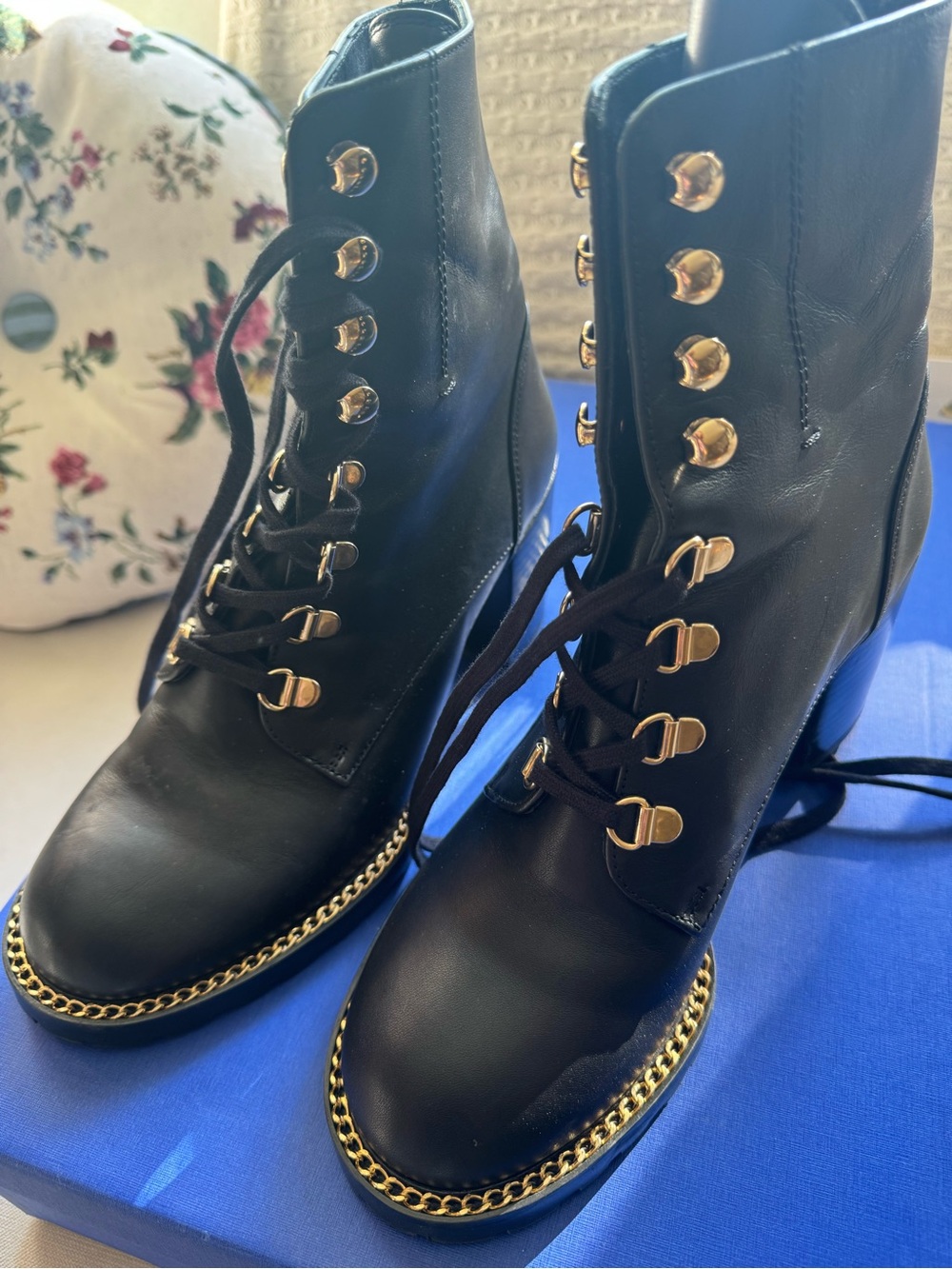Stuart Weitzman Black Leather Lace-Up Boots with Gold Chain Trim